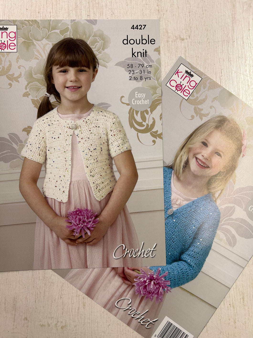 King Cole Crochet Pattern kids girls double knit dk Cardigan jacket 4427 fabric shack malmesbury wool knit