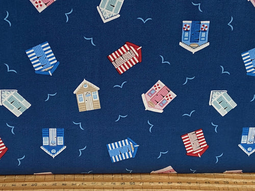 Lewis & Irene All Things Coastal Beach Huts seaside holiday Dark Blue cotton Fabric Shack Malmesbury