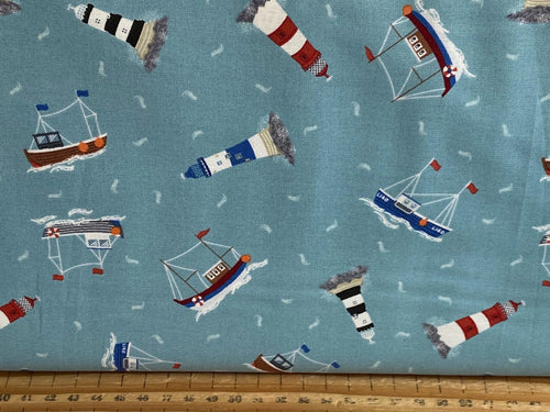 Lewis & Irene All Things Coastal Boats & Lighthouses seaside Sea Blue Green cotton Fabric Shack Malmesbury