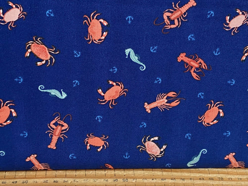 Lewis & Irene All Things Coastal Crabs Lobster & Seahorses sea horse seaside cotton fabric Dark Blue Fabric Shack Malmesbury