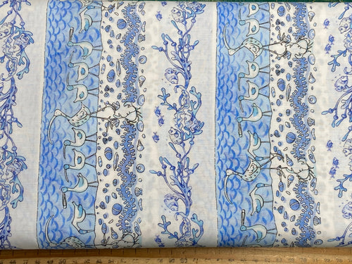 anita jeram clothworks sandy toes seaside sea puffins seagulls dog fish shells border strips blue punch and judy cotton fabric shack malmesbury