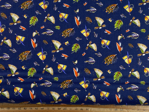 brett blumenthal camelot fabrics fishful thinking fish lure fly flies hook catch of the day navy blue fishing cotton fabric shack malmesbury
