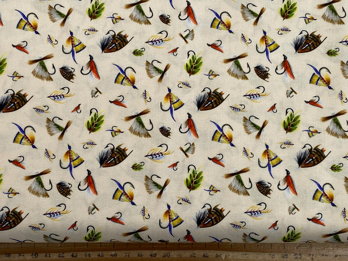 brett blumenthal camelot fabrics fishful thinking fish lure fly flies hook catch of the day off white fishing cotton fabric shack malmesbury