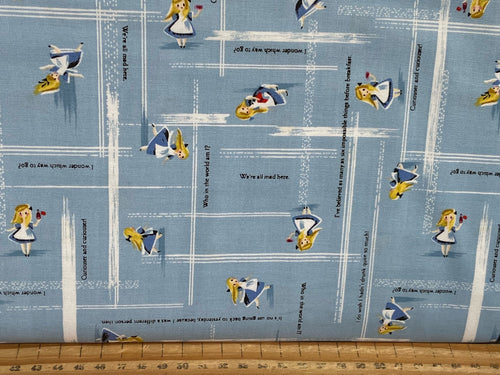 jill howarth riley blake Down the Rabbit Hole Alice in wonderland Maze Light Blue Fabric Shack Malmesbury