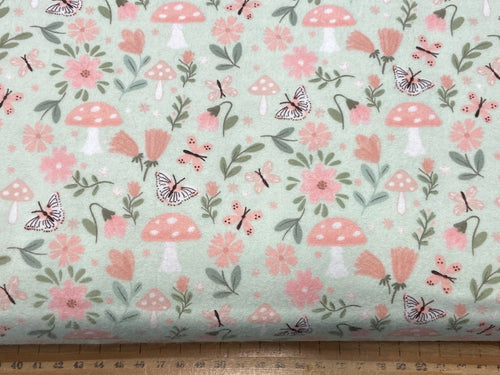 jo taylor 3 three wishes baby bloom brushed cotton flannel woodland forest butterflies butterfly toadstool mushroom mint green fabric shack malmesbury