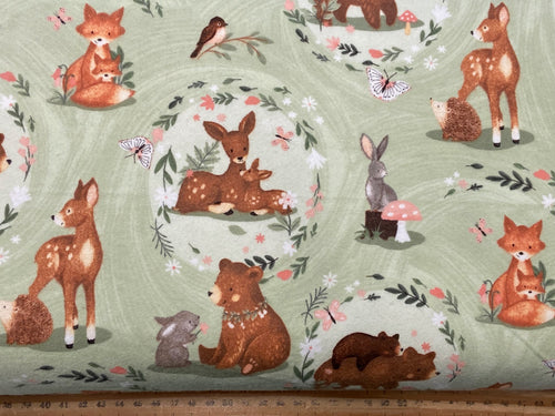 jo taylor 3 three wishes baby bloom brushed cotton flannel woodland forest deer bunny rabbit bear hedgehog green fabric shack malmesbury