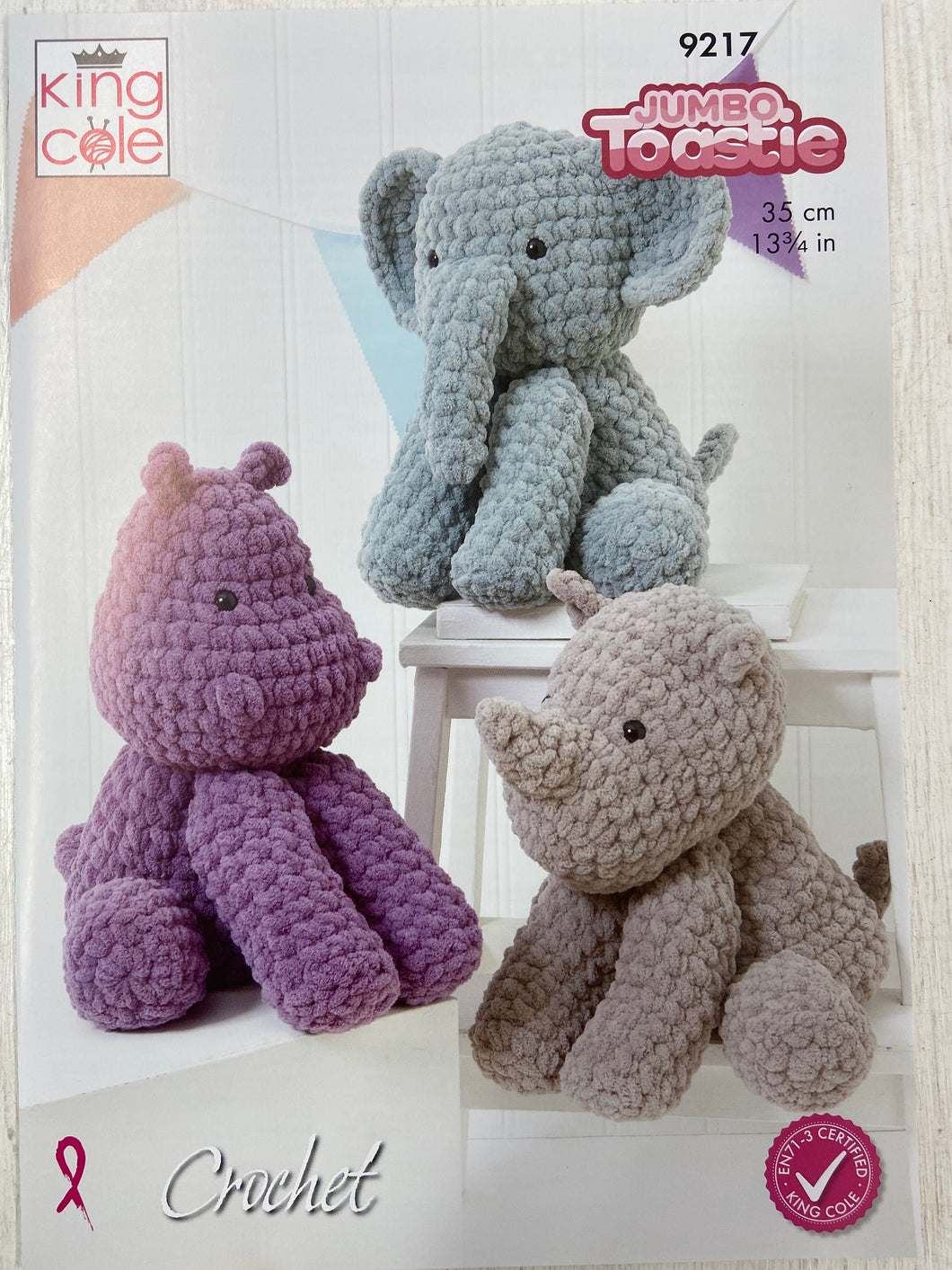 king cole crochet pattern Elephant Rhino & Hippo Plushes Jumbo Toastie 9217 fabric shack malmesbury