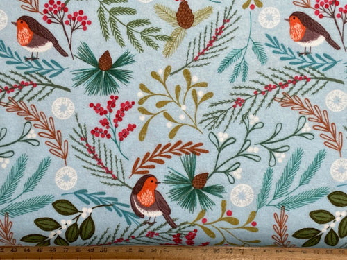 lewis and irene new forest winter flannel brushed cotton robin christmas fluffy light blue berries fabric shack malmesbury