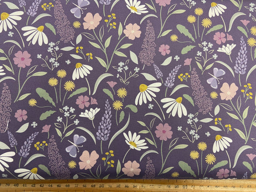 lewis & and irene floral song lavender blossom purple bloom daisy daisies flowers floral flower bloom on purple cotton fabric shack malmesbury