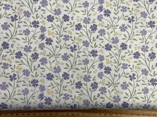 lewis & and irene floral song lavender blossom purple butterfly daisy daisies flowers floral flower bloom on purple cotton fabric shack malmesbury