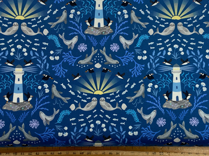 lewis & and irene puffin rock seal lighthouse bunting panel sea seaside shells waves blue cotton fabric shack malmesbury 3