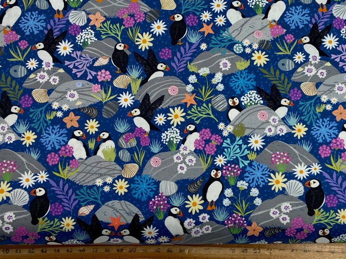 lewis & and irene puffin rock sea seaside shells waves coral dark blue cotton fabric shack malmesbury