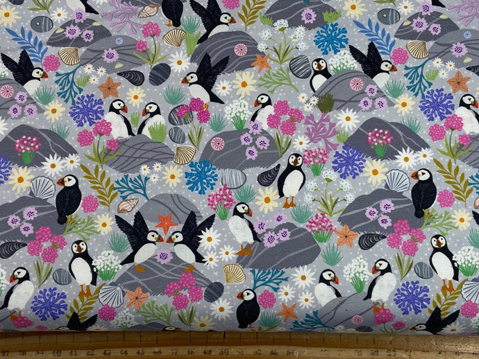lewis & and irene puffin rock sea seaside shells waves coral light rock grey cotton fabric shack malmesbury