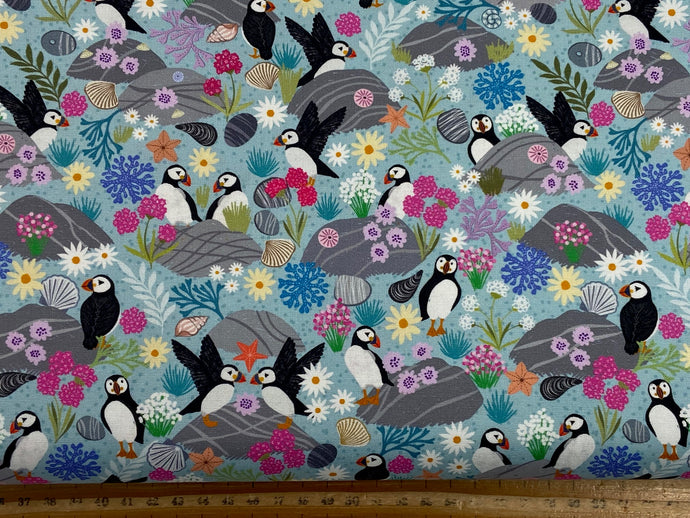 lewis & and irene puffin rock sea seaside shells waves coral sea blue cotton fabric shack malmesbury