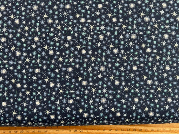 lewis & and irene winter winters moon hare star metallic pearl blue twinkling stars midnight cotton fabric shack malmesbury