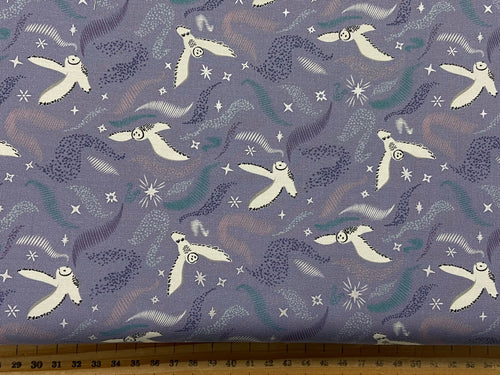 lewis and & irene arctic adventure pearlescent metallic arctic aura cool purple grey owl star cotton fabric shack malmesbury