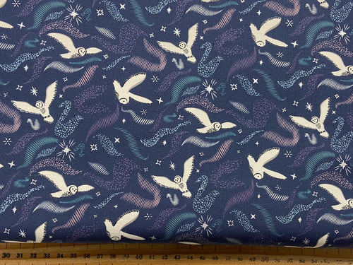 lewis and & irene arctic adventure pearlescent metallic arctic aura midnight blue owl star cotton fabric shack malmesbury