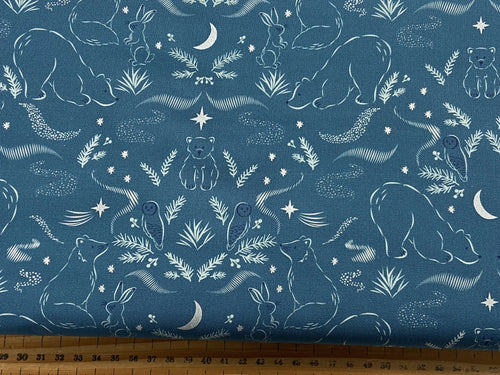 lewis and & irene arctic adventure pearlescent metallic arctic lights winter nights teal blue star cotton fabric shack malmesbury