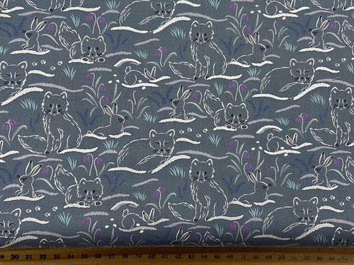 lewis and & irene arctic adventure pearlescent metallic haring around hare fox cool slate grey cotton fabric shack malmesbury