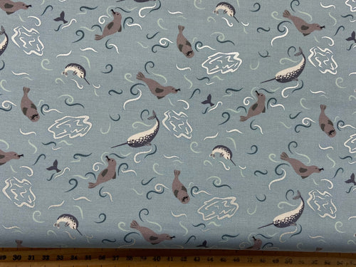 lewis and & irene arctic adventure pearlescent metallic polar delight cool slate grey seal narwhal cotton fabric shack malmesbury