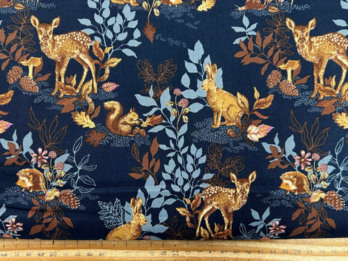 linn warme moda autumn forest woodland animals deer hare hedgehog mushroom toadstool midnight blue cotton fabric shack malmesbury