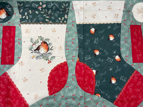little red robin christmas holiday berry fir cone holly snowflake stocking panel cotton fabric shack malmesbury