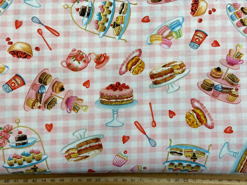 louise nesbit michael miller baked with love afternoon tea cream cakes baking cake teapot gingham pink cotton fabric shack malmesbury