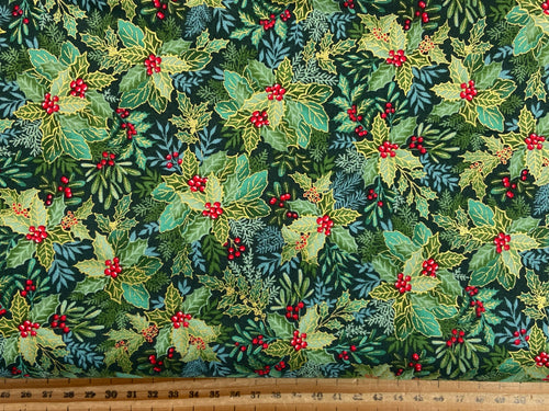 makower good tidings christmas metallic holly crystal holly bush green cotton fabric shack malmesbury
