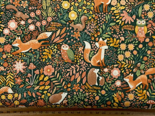 makower hello autumn fox owl hedgehog squirrel toadstool acorn mushroom green cotton fabric shack malmesbury