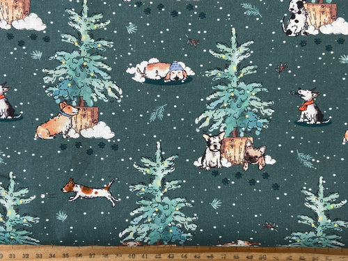 mans best friend dog puppy pup christmas holiday among the snow green cotton fabric shack malmesbury