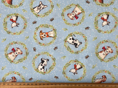 mans best friend dog puppy pup christmas holiday berry wreath blue cotton fabric shack malmesbury