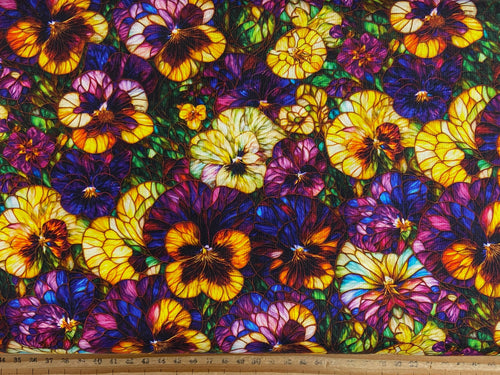 peggy collins camelot fabrics gigi in the garden stained glass pansy pansies garden cotton fabric shack malmesbury