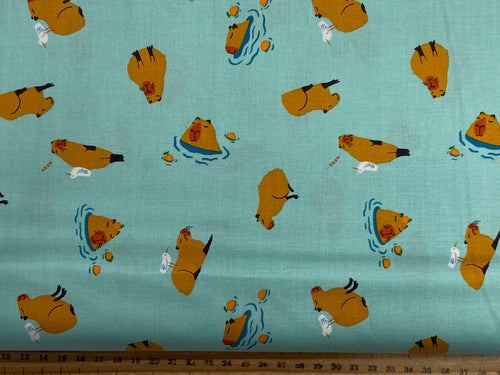 Ruby Star Society for Moda Animal Animal Capybara Minty Turquoise Cotton Fabric by 1/4 Metre*