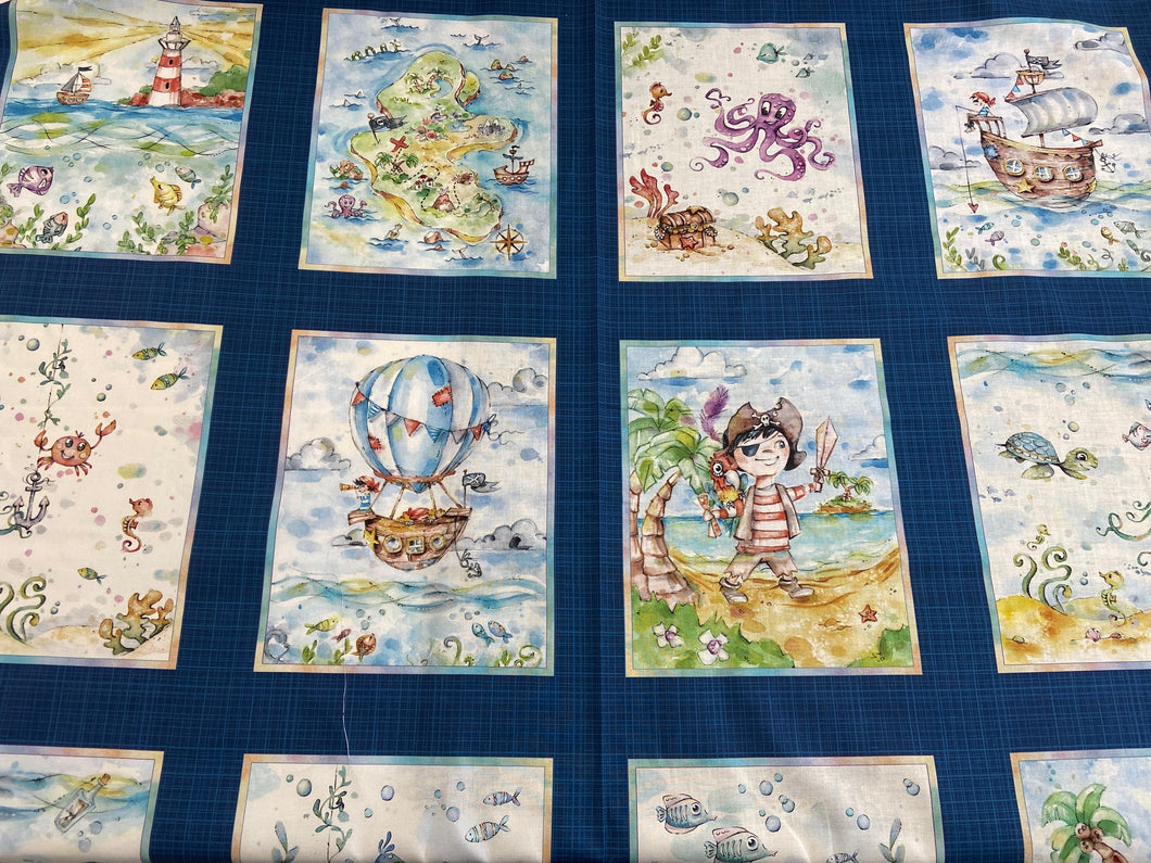 sillier than sally p & b textiles boutique enchanted seas mermaid pirate mermaids pirates ship sea ocean 12 plate panel dark blue