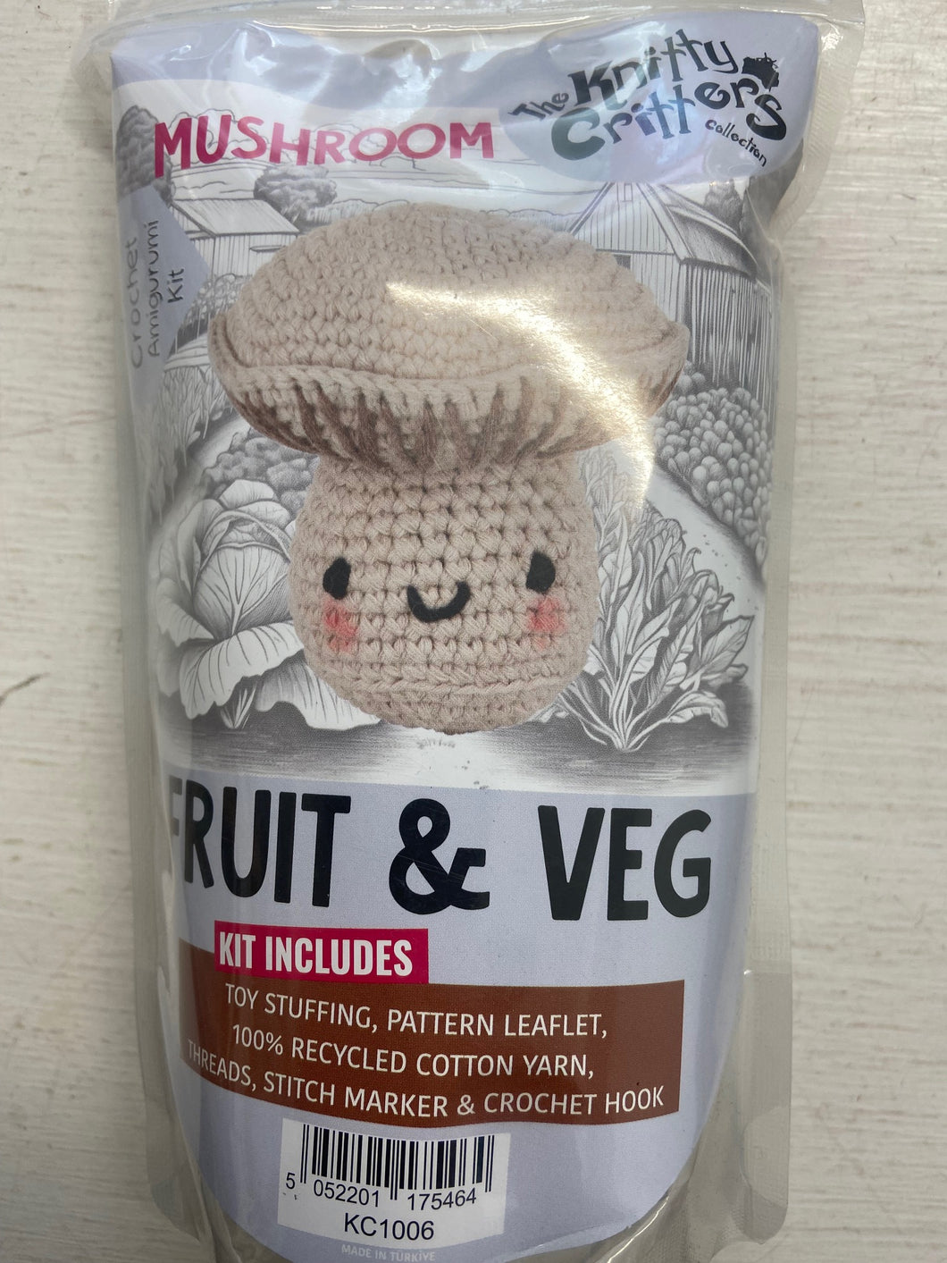 the knitty critters crochet kit fruit and veg mushroom amigurumi fabric shack malmesbury