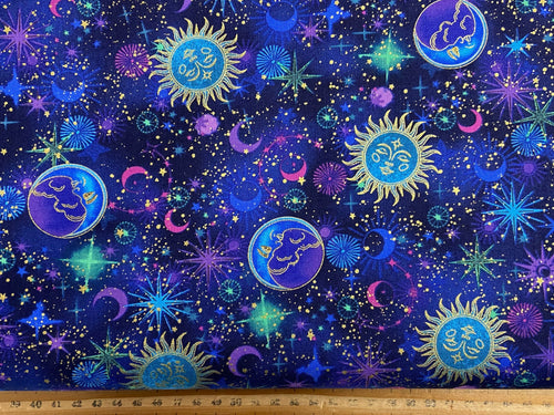 timeless treasures cosmos chong-a hwang metallic purple blue star moon man in the half stars planets swirl sky clouds cotton fabric shack malmesbury sun moon stars