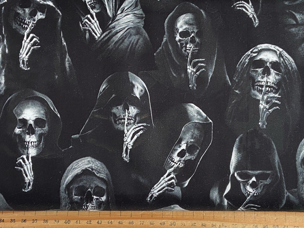 timeless treasures wicked goth gothic halloween reaper hooded death skeleton black cotton fabric shack malmesbury