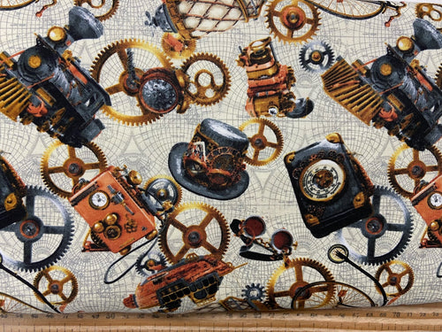 urban essence designs for blank quilting time travel fabric shack malmesbury steam trains steam punk