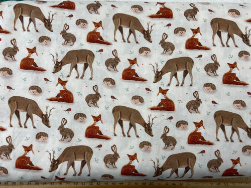 woodland christmas animals cream forest trees fox hare hedgehog robin animals cotton fabric shack malmesbury