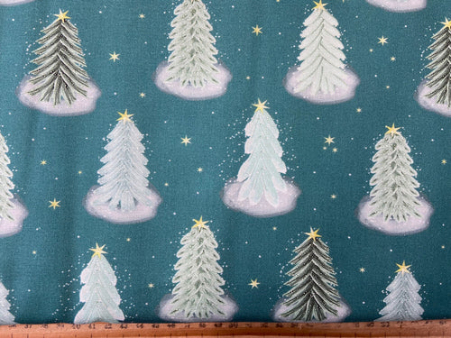 woodland christmas forest trees teal fox hare hedgehog robin animals cotton fabric shack malmesbury