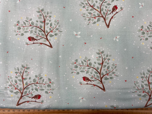 woodland christmas robin mint forest trees fox hare hedgehog robin animals cotton fabric shack malmesbury