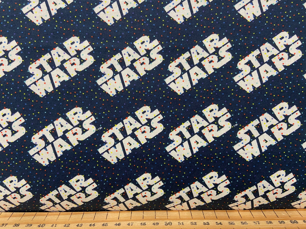 fabric shack sewing quilting sew fat quarter cotton patchwork quilt lucasfilm star wars retro rainbow droids r2d2 darth vader storm trooper c3po millenium falcon metallic bb8 mandalorian logo dots