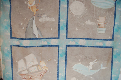 Fabric Shack Sewing Quilting Sew Fat Quarter Cotton Quilt Panel Patchwork Dressmaking Bianca Pozzi 3 Three Wishes Adventures in the Sky Balloon Ship Boat Fox Teddy Whale Rabbit Bunny 