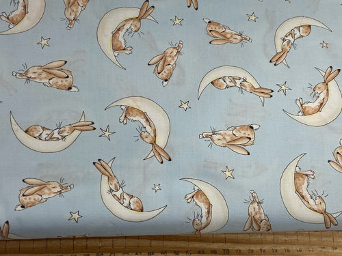 Guess How Much I Love You Fabric Shack Malmesbury Cotton Rabbits Love  Hare Bunny Moon Stars Cuddles Sleepy Moon Blue