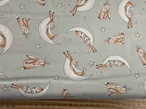 Guess How Much I Love You Fabric Shack Malmesbury Cotton Rabbits Love  Hare Bunny Moon Stars Cuddles Sleepy Moon Grey