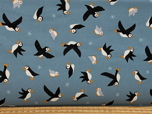 Lewis & and irene puffin bay beach sea bird rocks blue baby chick cotton fabric shack malmebury