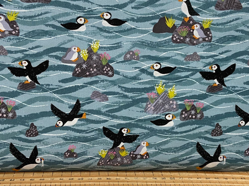 Lewis & and irene puffin bay beach sea bird rocks sea blue baby chick cotton fabric shack malmebury