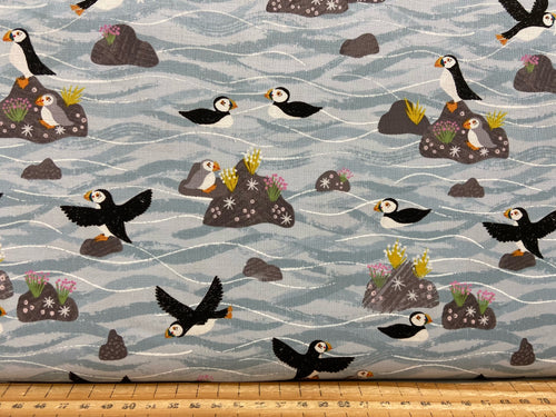 Lewis & and irene puffin bay beach sea bird rocks sea light blue baby chick cotton fabric shack malmebury