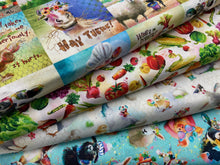 connie haley 3 three wishes welcome to the funny farm pig cow goat chicken hen chick bunny rabbit hare veggies  multi vegetables cotton fabric shack malmesbury