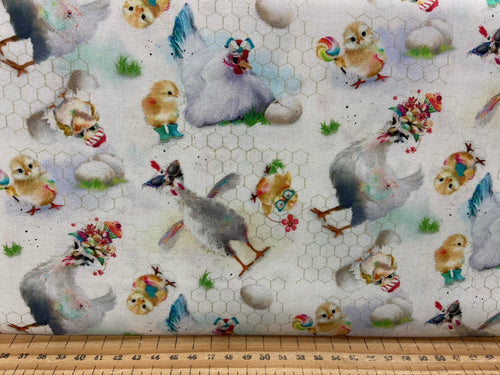 connie haley 3 three wishes welcome to the funny farm pig cow goat chicken hen chick bunny rabbit hare veggies white vegetables cotton fabric shack malmesbury